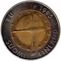 Finland coin 10 Markkaa - European Unity (1995) obverse obverse of 10 Markkaa - European Unity (1995) coin with KM# 82 from Finland. Inscription: EU 1995 SUOMI FINLAND