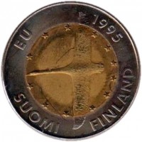 obverse of 10 Markkaa - European Unity (1995) coin with KM# 82 from Finland. Inscription: EU 1995 SUOMI FINLAND