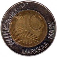 Finland coin 10 Markkaa - European Unity (1995) reverse reverse of 10 Markkaa - European Unity (1995) coin with KM# 82 from Finland. Inscription: 10 MARKKAA MARK