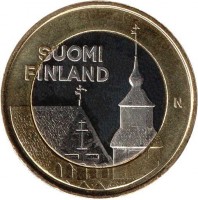 Finland coin 5 Euro - Tavastia, Church of St. Lawrence in Janakkala (2013) obverse obverse of 5 Euro - Tavastia, Church of St. Lawrence in Janakkala (2013) coin with KM# 197 from Finland. Inscription: SUOMI FINLAND N