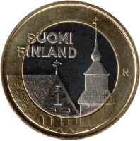 obverse of 5 Euro - Tavastia, Church of St. Lawrence in Janakkala (2013) coin with KM# 197 from Finland. Inscription: SUOMI FINLAND N