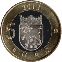 Finland coin 5 Euro - Tavastia, Church of St. Lawrence in Janakkala (2013) reverse reverse of 5 Euro - Tavastia, Church of St. Lawrence in Janakkala (2013) coin with KM# 197 from Finland. Inscription: 2013 5 T EURO