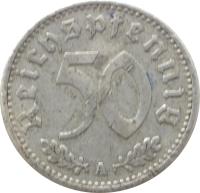 reverse of 50 Reichspfennig (1935) coin with KM# 87 from Germany. Inscription: Reichspfennig 50 A