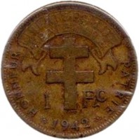 French Equatorial Africa coin 1 Franc (1942) reverse reverse of 1 Franc (1942) coin with KM# 2 from French Equatorial Africa. Inscription: LIBERTE.EGALITE .FRATERNITE. 1 Fc 1942 HONNEUR PATRIE