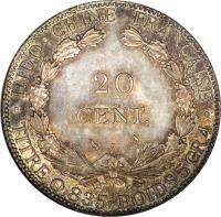 French Indochina coin 20 Centimes (1898 - 1916) reverse reverse of 20 Centimes (1898 - 1916) coin with KM# 10 from French Indochina. Inscription: · INDO - CHINE FRANÇAISE · 20 CENT. A TITRE 0,835 . POIDS 5 GR.4