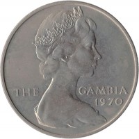 obverse of 8 Shillings - Elizabeth II - 2'nd Portrait (1970) coin with KM# 7 from Gambia. Inscription: THE GAMBIA 1970