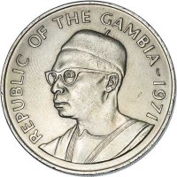 Gambia coin 1 Dalasi (1971) obverse obverse of 1 Dalasi (1971) coin with KM# 13 from Gambia. Inscription: REPUBLIC OF THE GAMBIA 1971