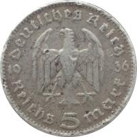 obverse of 5 Reichsmark - Paul von Hindenburg (1935 - 1936) coin with KM# 86 from Germany. Inscription: 19 Deutsches Reich 36 Reichs 5 mark