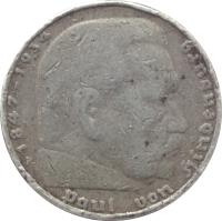 Germany coin 5 Reichsmark - Paul von Hindenburg (1935 - 1936) reverse reverse of 5 Reichsmark - Paul von Hindenburg (1935 - 1936) coin with KM# 86 from Germany. Inscription: 1847-1934 Paul von Hindenburg