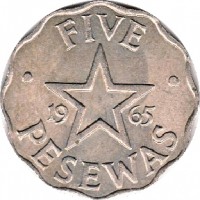 Ghana coin 5 Pesewas (1965) reverse reverse of 5 Pesewas (1965) coin with KM# 8 from Ghana. Inscription: FIVE 19 65 PESEWAS