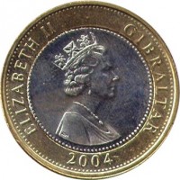 obverse of 2 Pounds - Elizabeth II - Occupation - 3'rd Portrait (2004) coin with KM# 1057 from Gibraltar. Inscription: ELIZABETH II · GIBRALTAR 2004