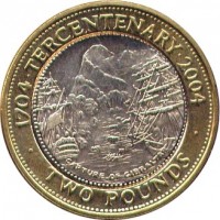 reverse of 2 Pounds - Elizabeth II - Occupation - 3'rd Portrait (2004) coin with KM# 1057 from Gibraltar. Inscription: 1704 · TERCENTENARY · 2004 CAPTURE OF GIBRALTAR · TWO POUNDS ·