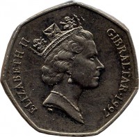 obverse of 50 Pence - Elizabeth II - 3'rd Portrait (1990 - 1997) coin with KM# 39 from Gibraltar. Inscription: ELIZABETH II GIBRALTAR · 1997