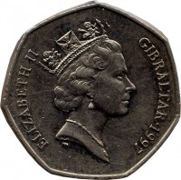 Gibraltar coin 50 Pence - Elizabeth II - 3'rd Portrait (1990 - 1997) obverse obverse of 50 Pence - Elizabeth II - 3'rd Portrait (1990 - 1997) coin with KM# 39 from Gibraltar. Inscription: ELIZABETH II GIBRALTAR · 1997
