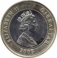 Gibraltar coin 2 Pounds - Elizabeth II - 200th Anniversary of the Battle of Trafalgar - 3'rd Portrait (2005 - 2011) obverse obverse of 2 Pounds - Elizabeth II - 200th Anniversary of the Battle of Trafalgar - 3'rd Portrait (2005 - 2011) coin with KM# 1092 from Gibraltar. Inscription: ELIZABETH II GIBRALTAR 2005