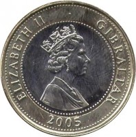 obverse of 2 Pounds - Elizabeth II - 200th Anniversary of the Battle of Trafalgar - 3'rd Portrait (2005 - 2011) coin with KM# 1092 from Gibraltar. Inscription: ELIZABETH II GIBRALTAR 2005