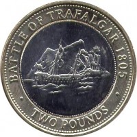 Gibraltar coin 2 Pounds - Elizabeth II - 200th Anniversary of the Battle of Trafalgar - 3'rd Portrait (2005 - 2011) reverse reverse of 2 Pounds - Elizabeth II - 200th Anniversary of the Battle of Trafalgar - 3'rd Portrait (2005 - 2011) coin with KM# 1092 from Gibraltar. Inscription: BATTLE OF TRAFALGAR 1805 · TWO POUNDS ·