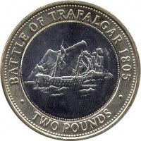 reverse of 2 Pounds - Elizabeth II - 200th Anniversary of the Battle of Trafalgar - 3'rd Portrait (2005 - 2011) coin with KM# 1092 from Gibraltar. Inscription: BATTLE OF TRAFALGAR 1805 · TWO POUNDS ·