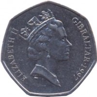 obverse of 50 Pence - Elizabeth II - 3'rd Portrait (1997) coin with KM# 39.1 from Gibraltar. Inscription: ELIZABETH II GIBRALTAR · 1997