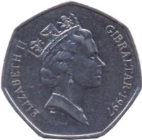 Gibraltar coin 50 Pence - Elizabeth II - 3'rd Portrait (1997) obverse obverse of 50 Pence - Elizabeth II - 3'rd Portrait (1997) coin with KM# 39.1 from Gibraltar. Inscription: ELIZABETH II GIBRALTAR · 1997