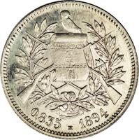 Guatemala coin 2 Reales (1894 - 1899) obverse obverse of 2 Reales (1894 - 1899) coin with KM# 167 from Guatemala. Inscription: LIBERTAD 15 DE SETIEMBRE DE 1821 0.835 1895