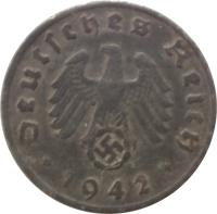 obverse of 1 Reichspfennig (1940 - 1945) coin with KM# 97 from Germany. Inscription: Deutsches Reich . 1942 .