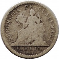 Guatemala coin 1/2 Real (1894 - 1897) reverse reverse of 1/2 Real (1894 - 1897) coin with KM# 165 from Guatemala. Inscription: REPUBLICA DE GUATEMALA 1/2 REAL LAGRANGE