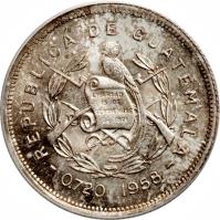 obverse of 25 Centavos (1950 - 1959) coin with KM# 258 from Guatemala.