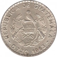 Guatemala coin 25 Centavos (1960 - 1964) obverse obverse of 25 Centavos (1960 - 1964) coin with KM# 263 from Guatemala. Inscription: REPUBLICA DE GUATEMALA 0.720 1963