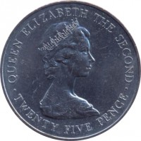 obverse of 25 Pence - Elizabeth II - Royal Visit (1978) coin with KM# 32 from Guernsey. Inscription: QUEEN ELIZABETH THE SECOND TWENTY FIVE PENCE