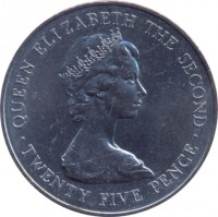 Guernsey coin 25 Pence - Elizabeth II - Royal Visit (1978) obverse obverse of 25 Pence - Elizabeth II - Royal Visit (1978) coin with KM# 32 from Guernsey. Inscription: QUEEN ELIZABETH THE SECOND TWENTY FIVE PENCE