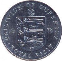 reverse of 25 Pence - Elizabeth II - Royal Visit (1978) coin with KM# 32 from Guernsey. Inscription: BAILIWICK OF GUERNSEY 19 78 ROYAL VISIT