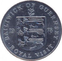 Guernsey coin 25 Pence - Elizabeth II - Royal Visit (1978) reverse reverse of 25 Pence - Elizabeth II - Royal Visit (1978) coin with KM# 32 from Guernsey. Inscription: BAILIWICK OF GUERNSEY 19 78 ROYAL VISIT