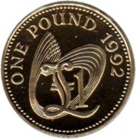 Guernsey coin 1 Pound - Elizabeth II - 3'rd Portrait (1985 - 1997) reverse reverse of 1 Pound - Elizabeth II - 3'rd Portrait (1985 - 1997) coin with KM# 46 from Guernsey. Inscription: ONE POUND 1992 £1