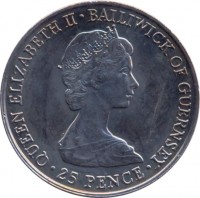 obverse of 25 Pence - Elizabeth II - Queen Mother (1980) coin with KM# 35 from Guernsey. Inscription: QUEEN ELIZABETH II · BAILIWICK OF GUERNSEY · 25 PENCE ·