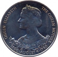reverse of 25 Pence - Elizabeth II - Queen Mother (1980) coin with KM# 35 from Guernsey. Inscription: QUEEN ELIZABETH THE QUEEN MOTHER 1900 · AUGUST 4 · 1980