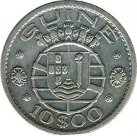 Guinea-Bissau coin 10 Escudos (1952) obverse obverse of 10 Escudos (1952) coin with KM# 10 from Guinea-Bissau. Inscription: GUINÉ 10$00