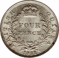 Guyana coin 4 Pence - George V (1917 - 1936) reverse reverse of 4 Pence - George V (1917 - 1936) coin with KM# 29 from Guyana. Inscription: BRITISH GUIANA FOUR PENCE 1936