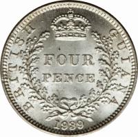 reverse of 4 Pence - George VI (1938 - 1943) coin with KM# 30 from Guyana. Inscription: BRITISH GUIANA FOUR PENCE 1943