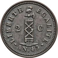 obverse of 2 Centimes (1846) coin with KM# 26 from Haiti. Inscription: LIBERTE EGALITE 2 C AN 43