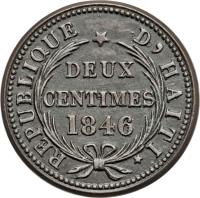 Haiti coin 2 Centimes (1846) reverse reverse of 2 Centimes (1846) coin with KM# 26 from Haiti. Inscription: REPUBLIQUE D'HAITI DEUX CENTIMES 1846