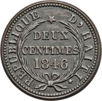 reverse of 2 Centimes (1846) coin with KM# 26 from Haiti. Inscription: REPUBLIQUE D'HAITI DEUX CENTIMES 1846