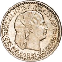 obverse of 10 Centimes (1881 - 1894) coin with KM# 44 from Haiti. Inscription: REPUBLIQUE D'HAITI AN 38 835 MILL.1881.2,5GRAM.