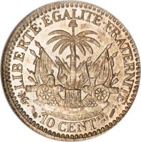 reverse of 10 Centimes (1881 - 1894) coin with KM# 44 from Haiti. Inscription: · LIBERTÉ · ÉGALITÉ · FRATERNITÉ · · 10 CENTes ·