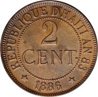 obverse of 2 Centimes (1886 - 1894) coin with KM# 49 from Haiti. Inscription: REPUBLIQUE D'HAITI AN 83 2 CENT · 1886