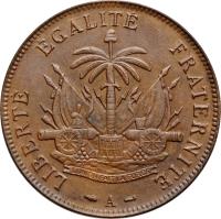 reverse of 2 Centimes (1886 - 1894) coin with KM# 49 from Haiti. Inscription: LIBERTE EGALITE FRATERNITE L UNION FAIT LA FORCE