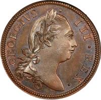 obverse of 1/2 Penny - George III (1774 - 1782) coin with SP# 6614 from Ireland. Inscription: GEORGIVS · III · REX ·