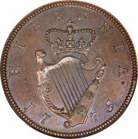Ireland coin 1/2 Penny - George III (1774 - 1782) reverse reverse of 1/2 Penny - George III (1774 - 1782) coin with SP# 6614 from Ireland. Inscription: HIBERNIA · 17 75