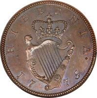 reverse of 1/2 Penny - George III (1774 - 1782) coin with SP# 6614 from Ireland. Inscription: HIBERNIA · 17 75