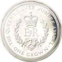 reverse of 1 Crown - Elizabeth II - Silver Jubilee Appeal (1977) coin with KM# 42 from Isle of Man. Inscription: THE QUEEN'S SILVER JUBILEE APPEAL EIIR · ONE CROWN ·